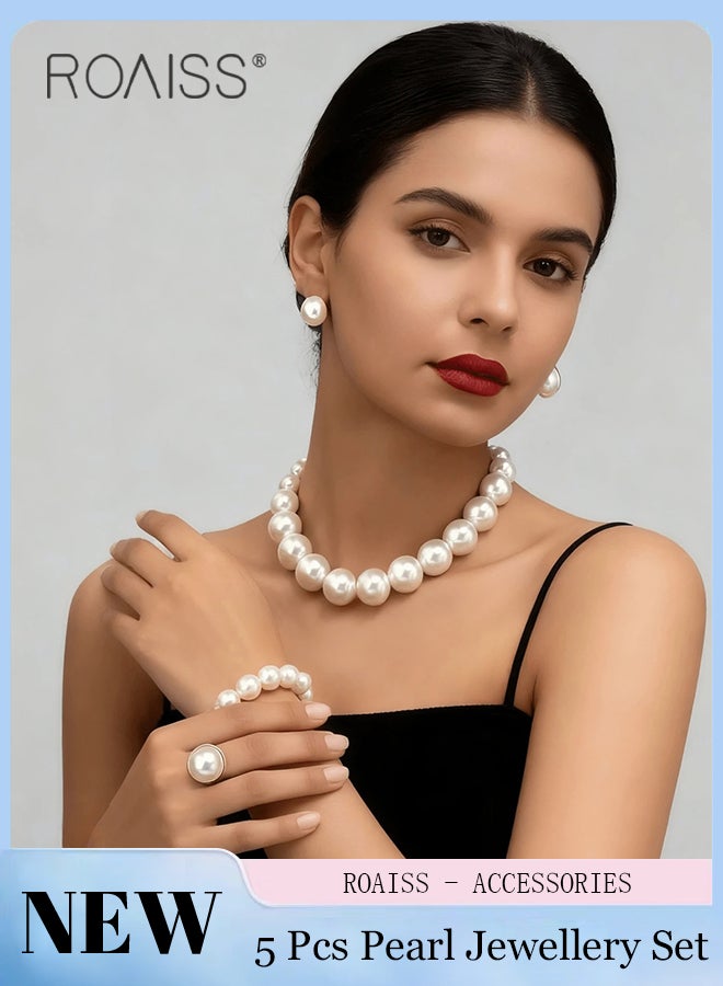 roaiss 5 Pcs White Pearl Jewelry Set for Women Fashionable Beaded Necklace, Bracelet, Earrings, and Ring Retro Elegance Luxury Wedding Accessories - Image 1